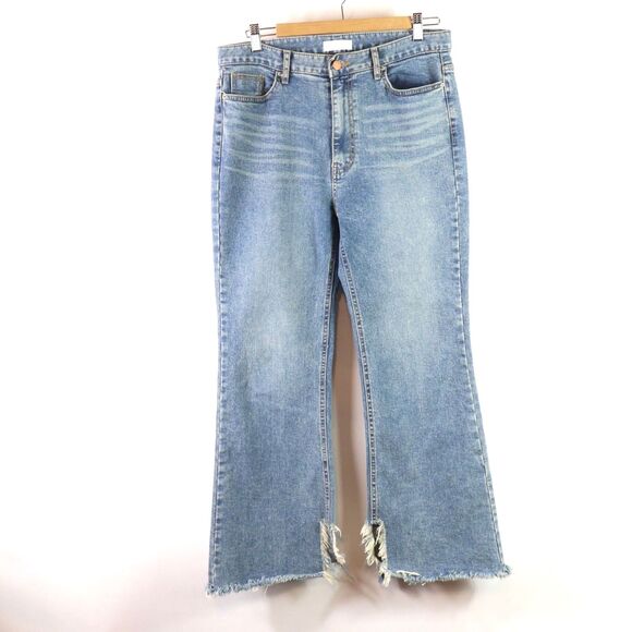 EC  OAK + FORT High rise Boot Cut slit frayed raw hem Jeans size L - Picture 1 of 5